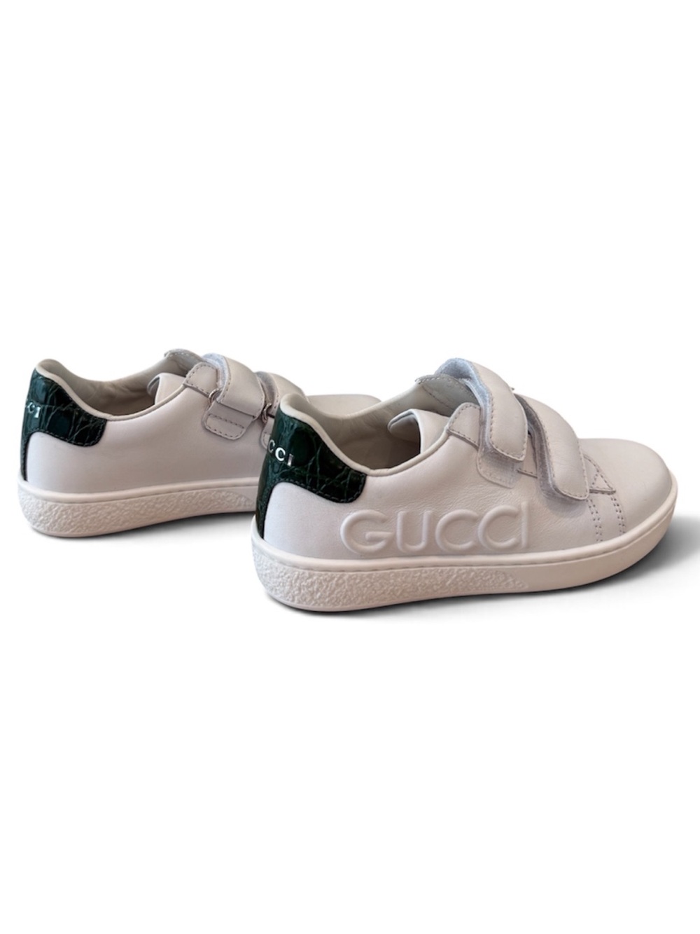 Gucci Kids White Leather Sneakers with Dark Green Heel Tab